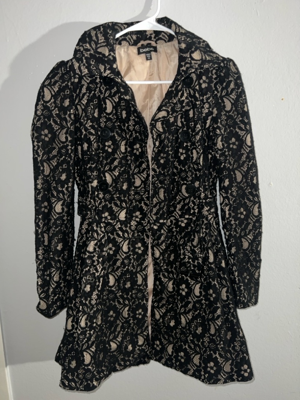 bebe Black Lace Overlay Coat with Nude Lining